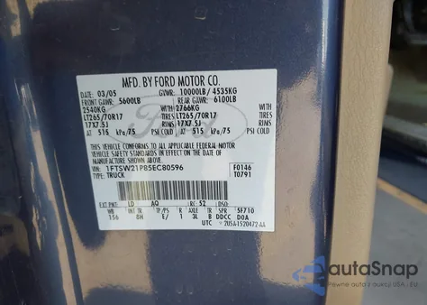 2005 Ford F-250 Lariat/Xl/Xlt из США, поврежденный, VIN 1FTSW21P85EC80596